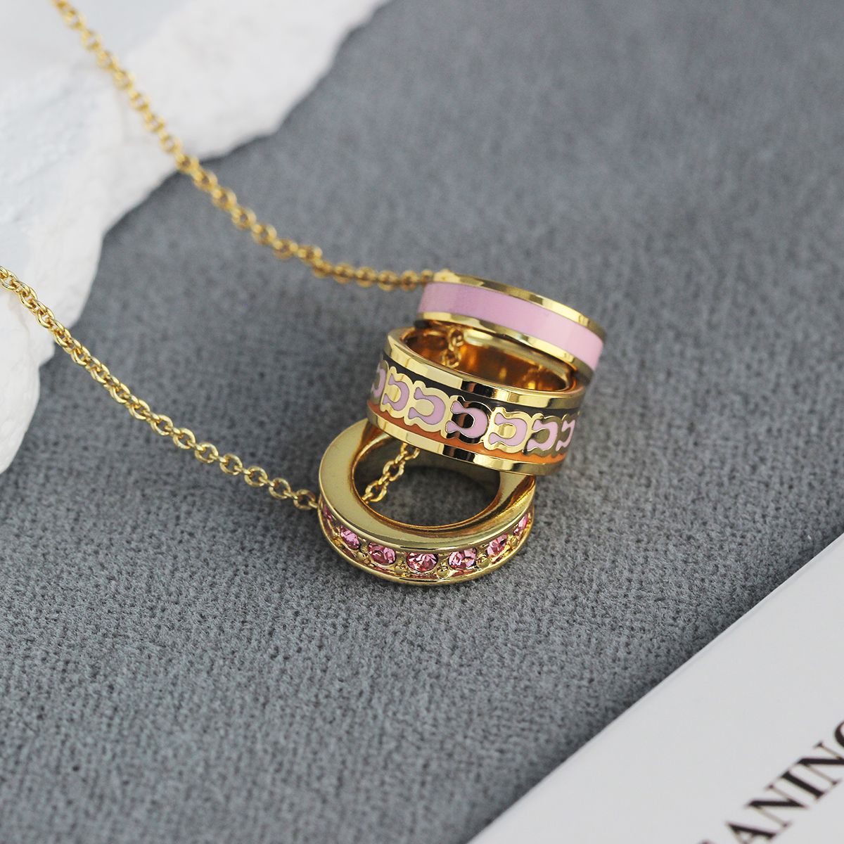 C家彩色涂釉三色环项链 轻奢高级感简约小香风珐琅涂釉宝石锁骨链详情7