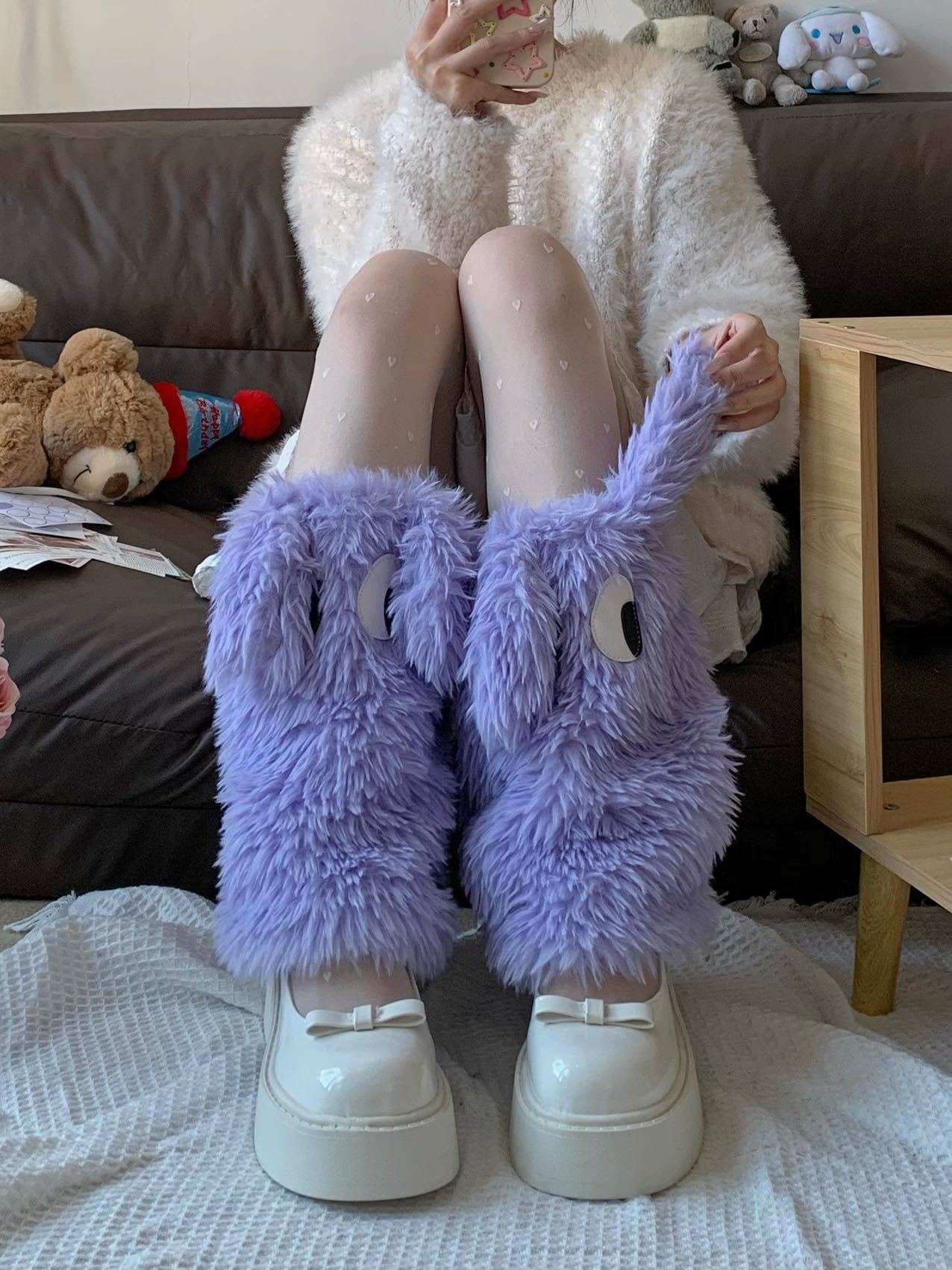 原创Y2K怪怪眼毛绒时尚保暖袜套毛毛腿袜保暖加厚腿套堆堆袜脚套详情8