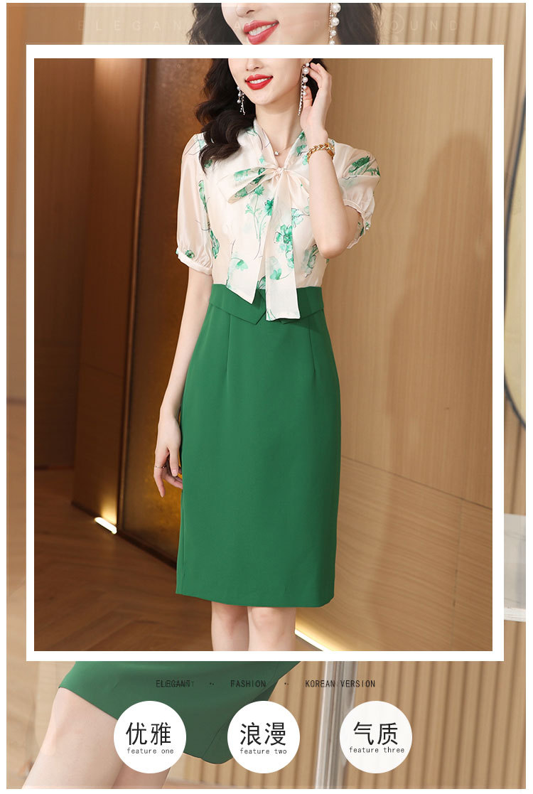 韩版时尚假两件连衣裙女2024夏季新款气质雪纺印花开叉显瘦包臀裙详情2