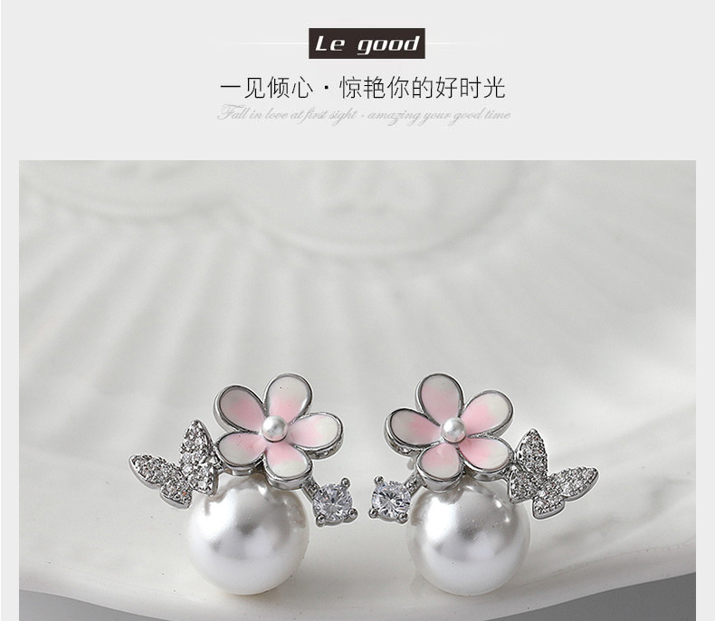 韩版清新简约耳钉女纯银时尚蝴蝶款珍珠微镶耳饰通勤耳环珍珠耳钉详情1