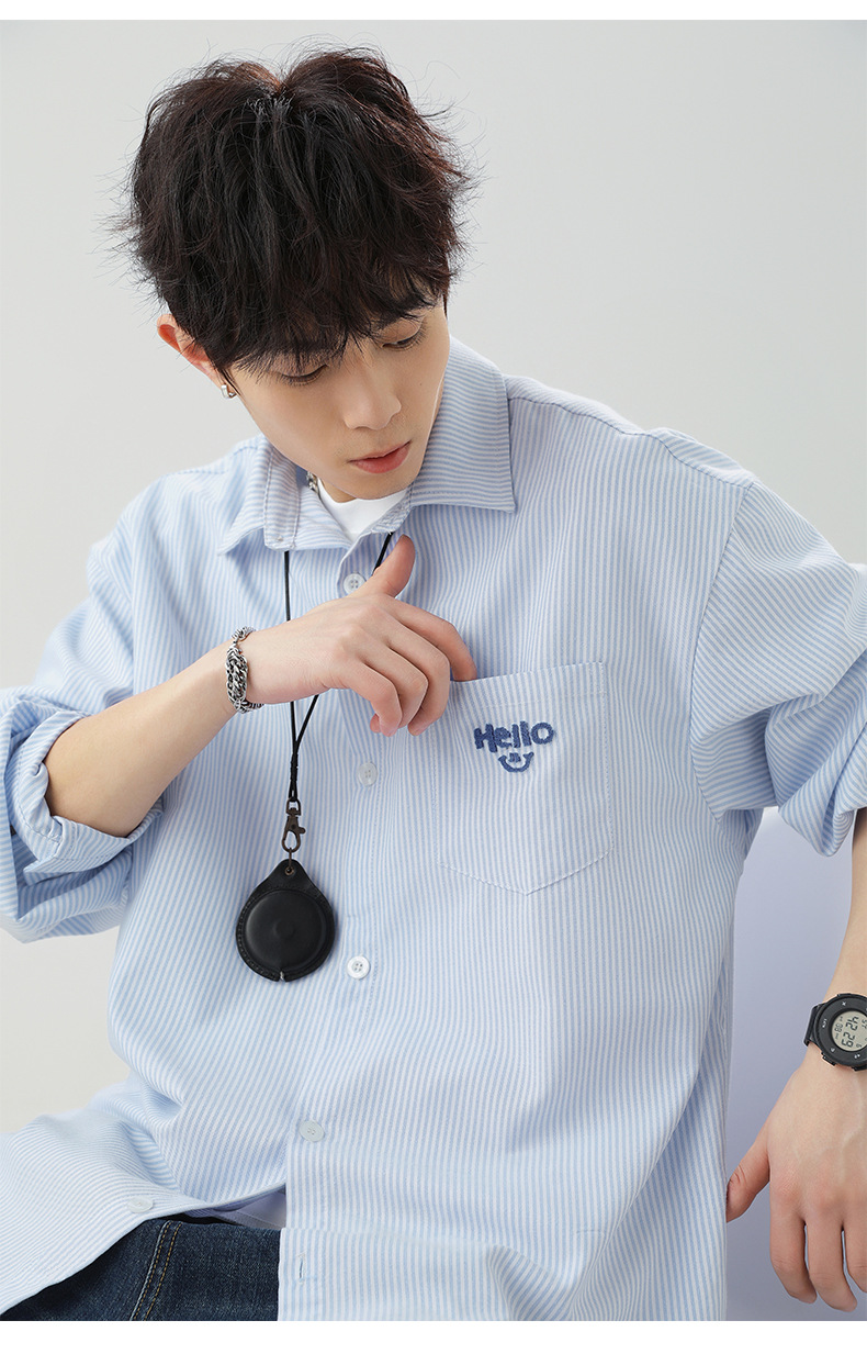 口袋立体刺绣长袖衬衫男春夏新款撞色竖条纹日系宽松情侣衬衣外套详情18