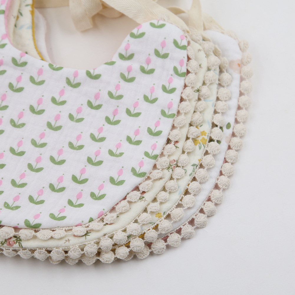 跨境新款宝宝围兜韩系小碎花儿童双面口水巾皱布棉婴幼儿系绳围嘴详情24