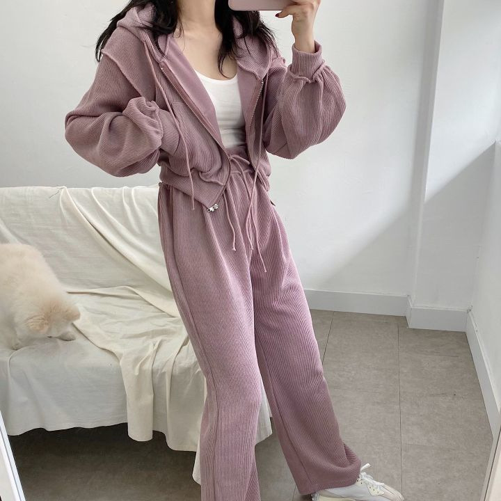 春秋季薄款时尚套装休闲宽松直筒裤女套装宽松显瘦拉链连帽两件套详情12