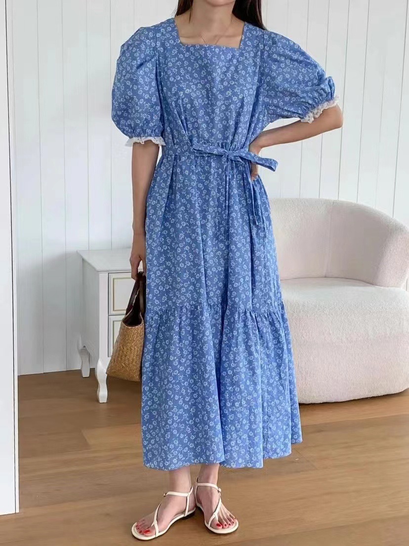 韩国东大门2023夏季新款时尚碎花蕾丝拼接圆领长款休闲连衣裙女详情7