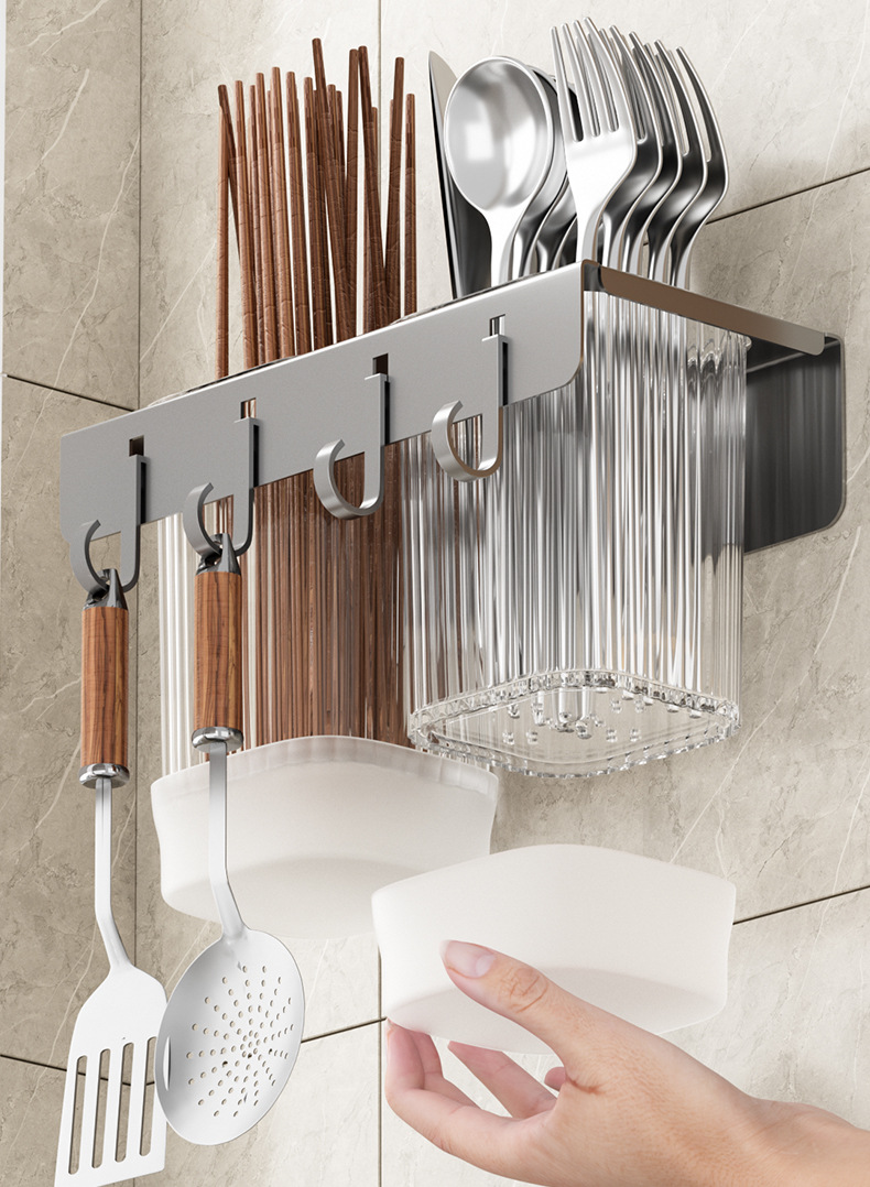 Non-drilling household wall-mounted light luxury chopstick holder, kitchen detachable 筷笼 storage rack, spatula, spoon storage hook pic 12