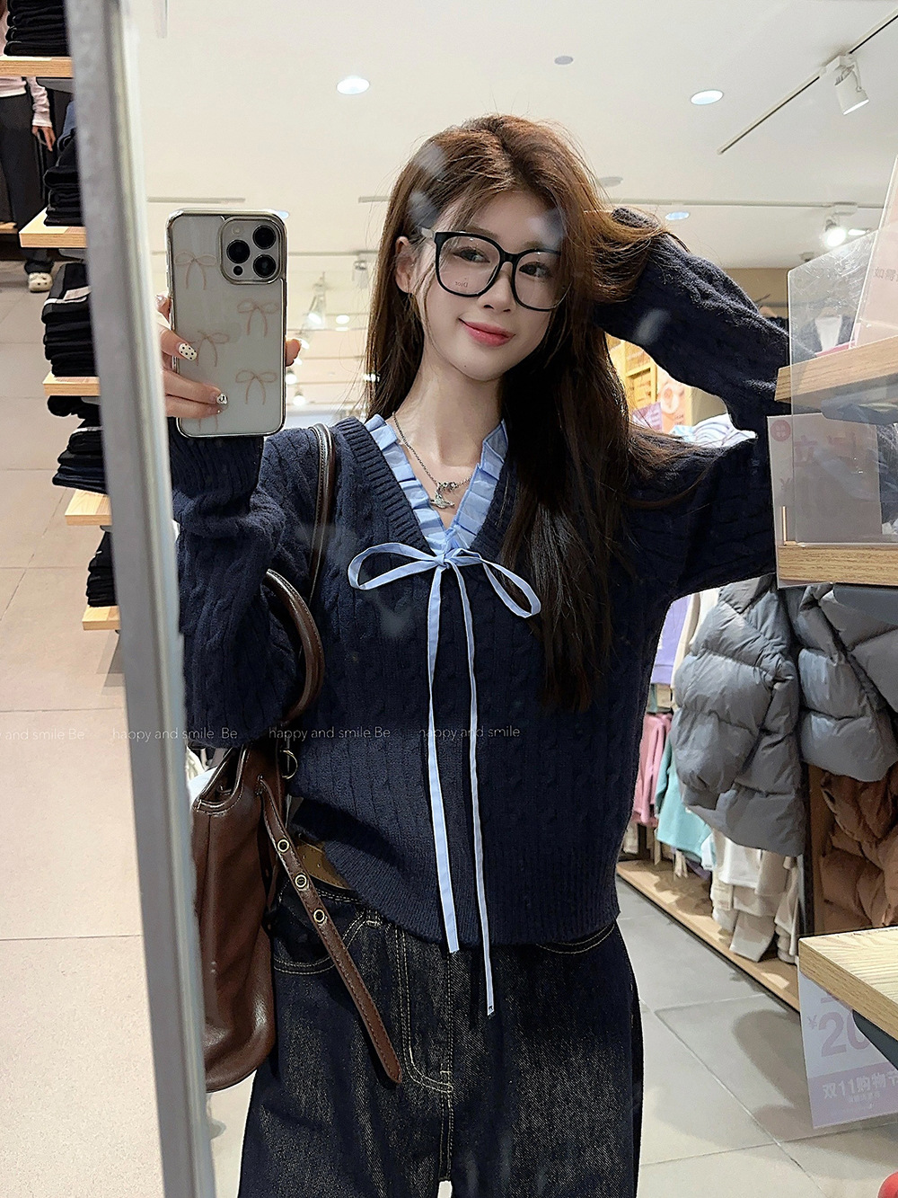 韩系学院风设计感假两件长袖毛衣针织衫女冬季蓝色温柔风修身上衣详情14