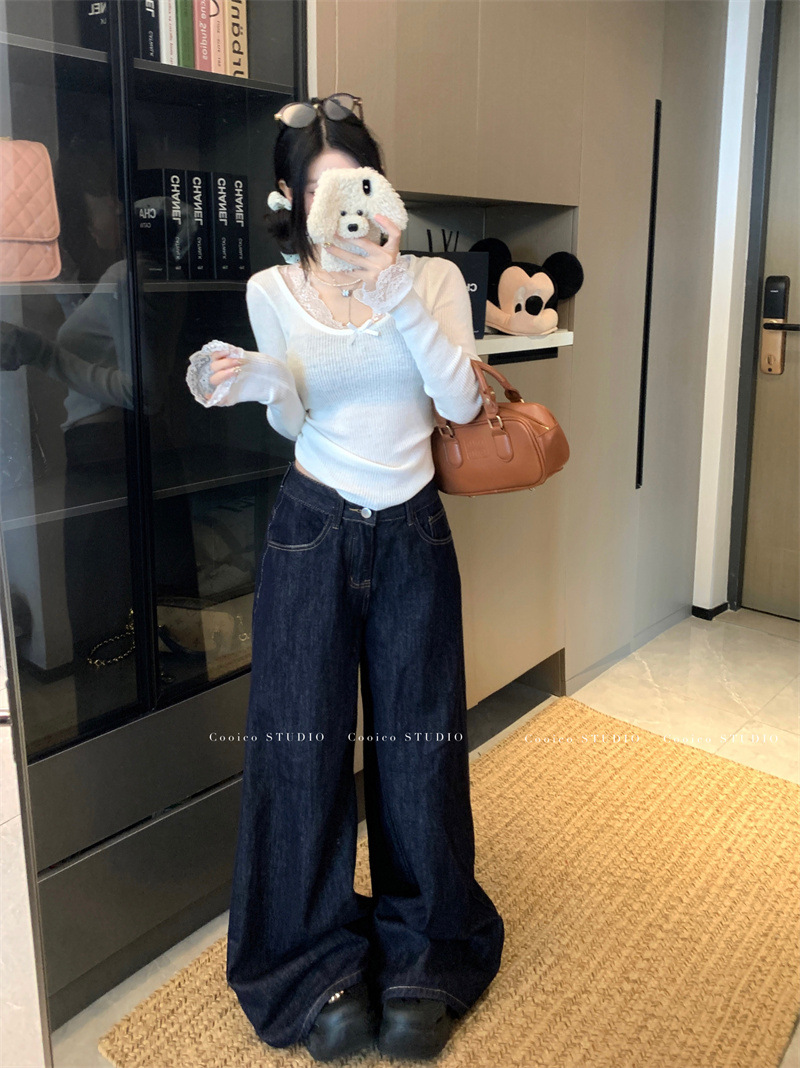 6035#复古蕾丝拼接针织衫新款修身显瘦纯欲风内搭打底长袖上衣女详情42