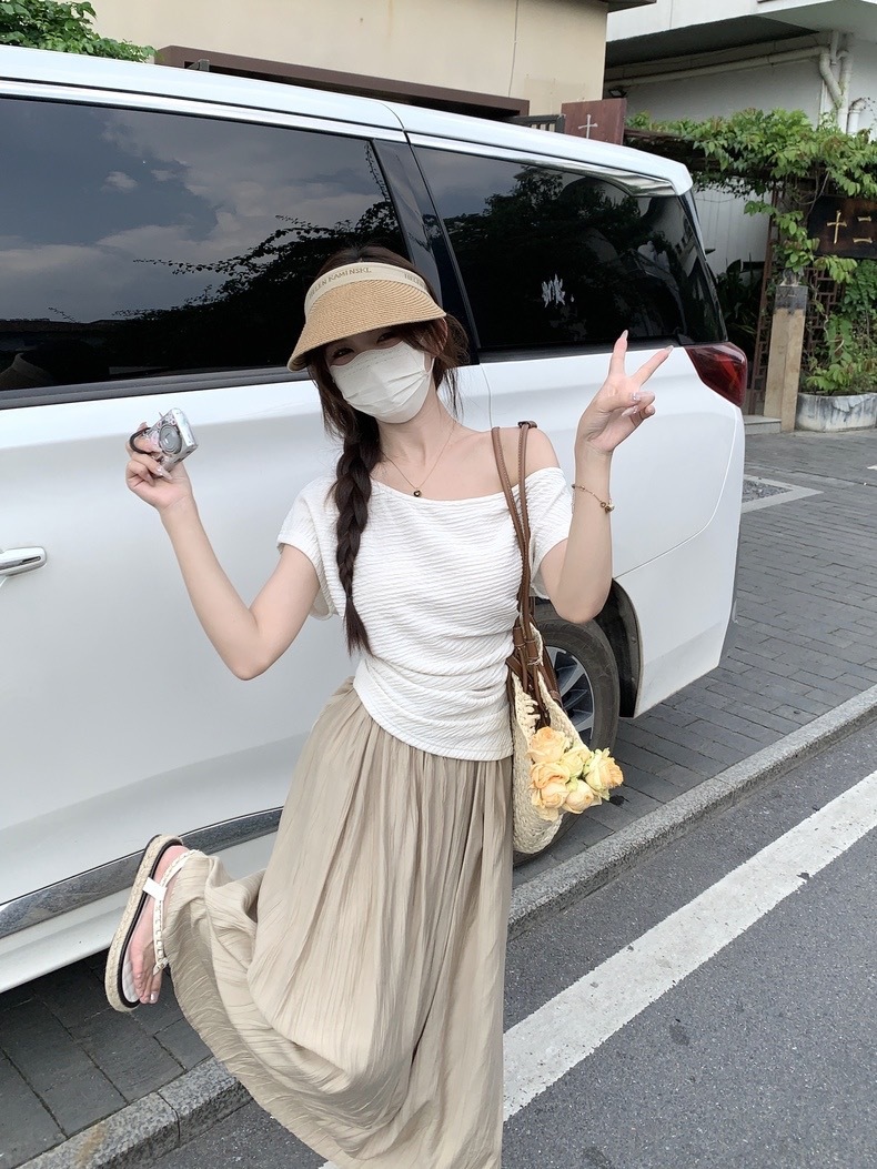 斜肩肌理感韩版短袖T恤女夏季修身显瘦内搭打底衫白色气质上衣服详情3
