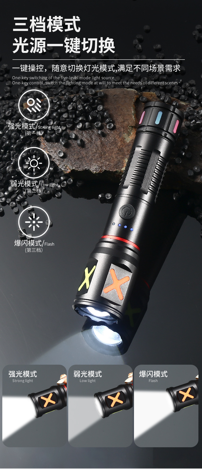 A cross-border best-selling Pailide high-intensity flashlight with a fluorescent strip, telescopic zoom, and an aluminum alloy long-range white laser flashlight pic 7