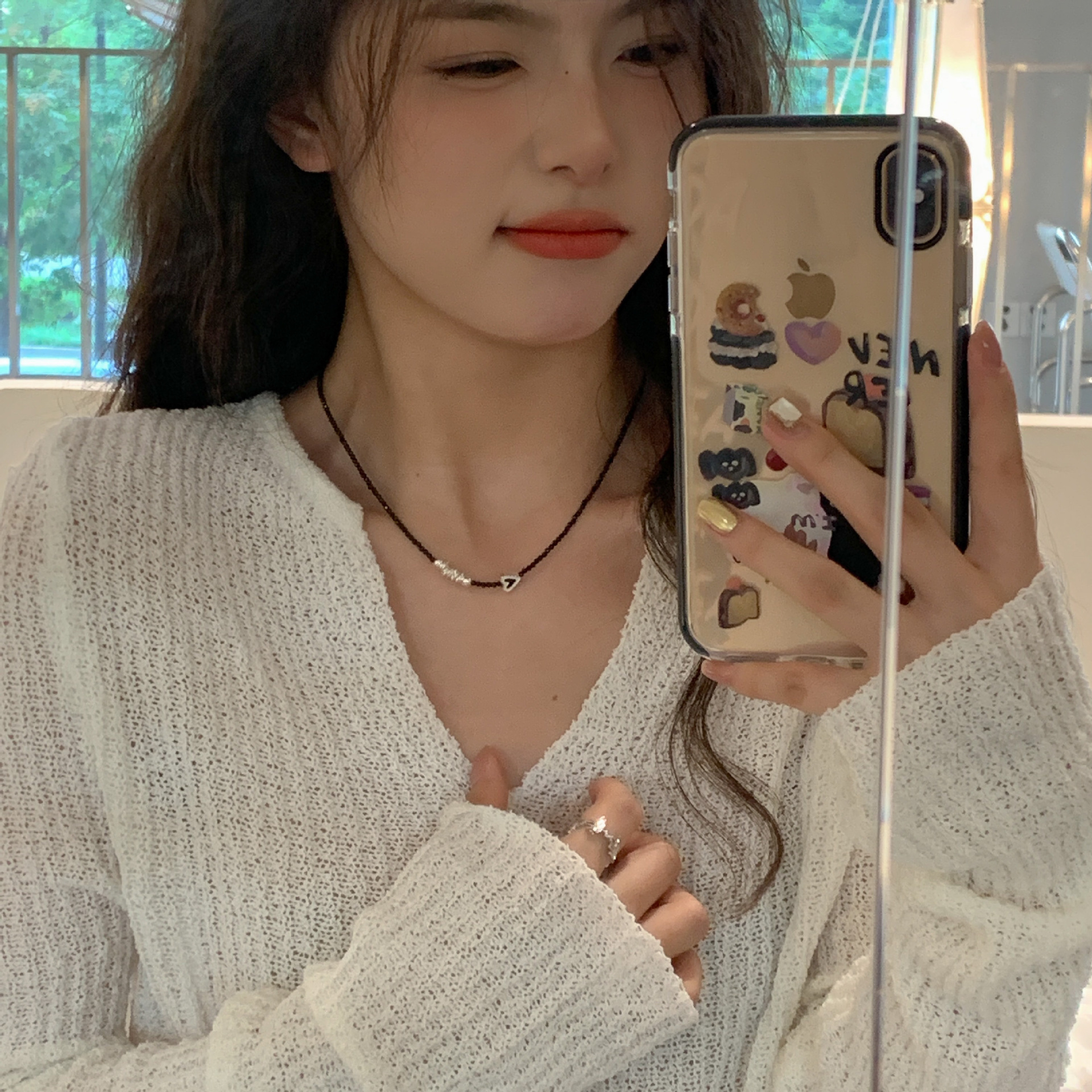 925纯银不规则黑色晶石项链女简约手工穿制爱心滴油锁骨链N1038详情12