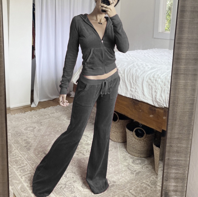 Solid color velvet slim sports suit zipper hood pic 20