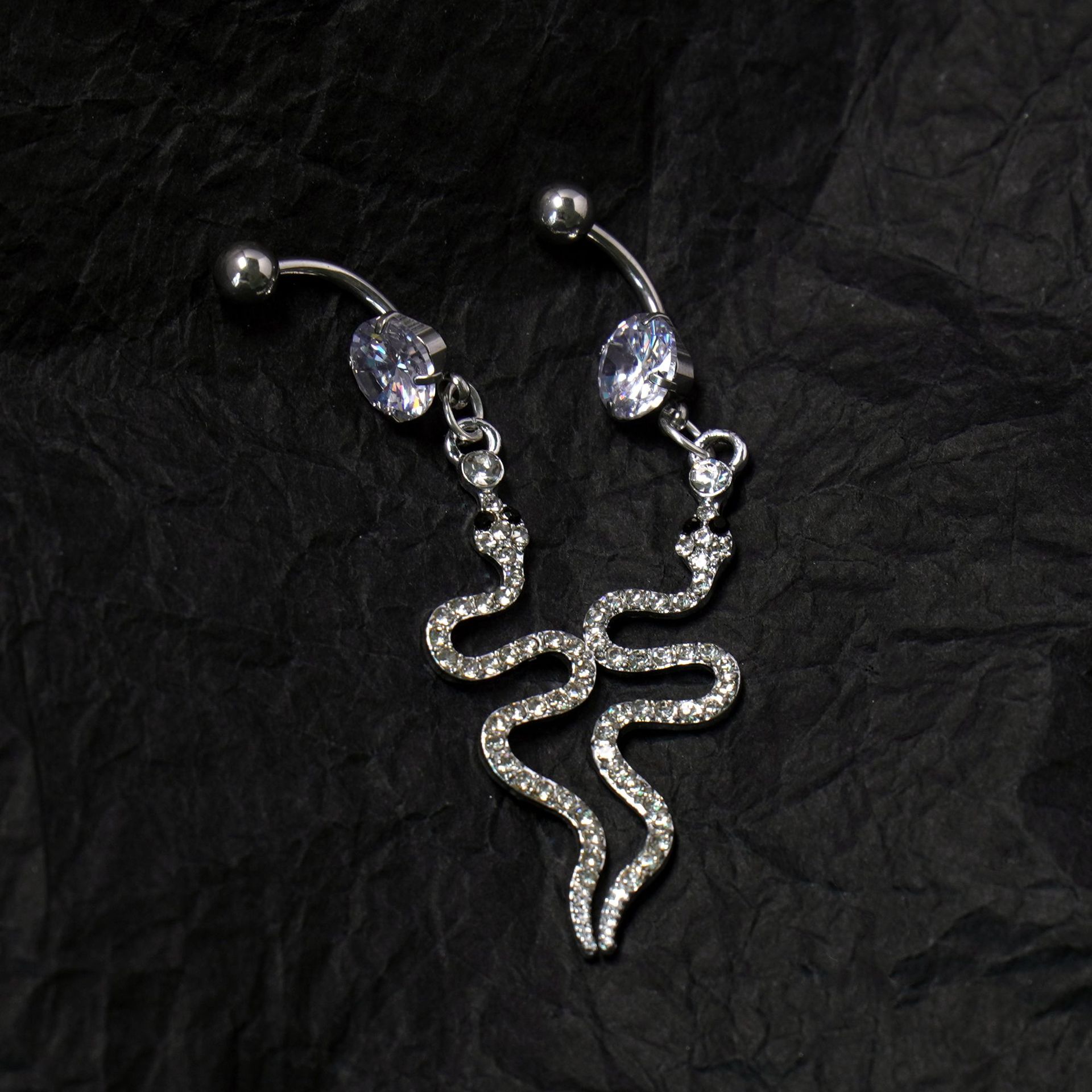 小蛇肚脐钉不锈钢镶锆石肚脐钉长款小众肚脐环轻奢风欧美穿刺饰品详情3