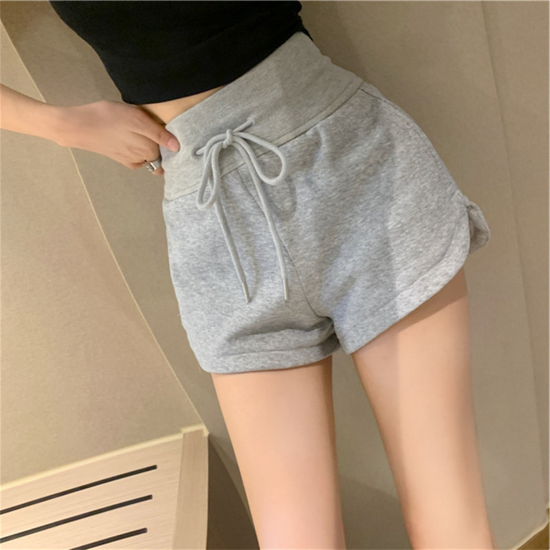 港味灰色纯棉短裤女夏季高腰抽绳休闲运动裤直筒显瘦a字辣妹裤子详情11