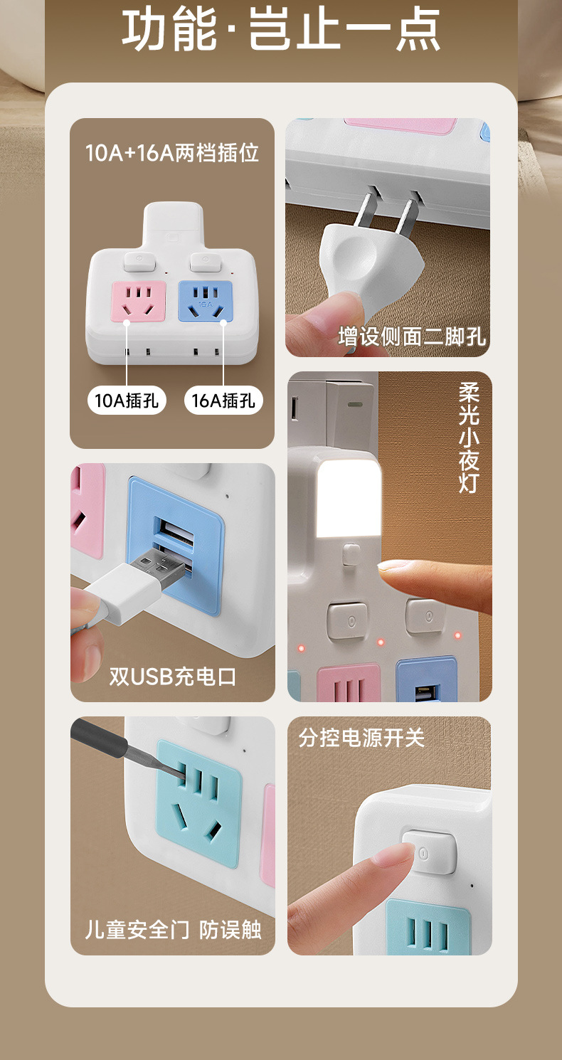 插座转换器多孔位一转多智能排插家用多功能插板大功率插头插座详情2