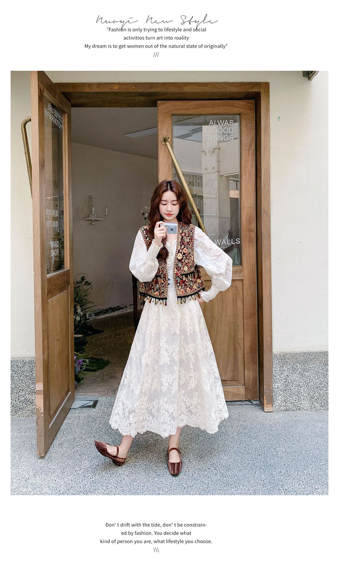 Real shot Bohemian fringed vest jacquard long dress two-piece set 2025 autumn collection lace patchwork V-neck dress pic 37