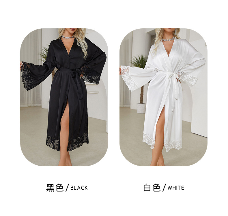 A black and white V-neck lace-trimmed mid-length, slit, light luxury and sexy nightgown for export, 682 pic 4