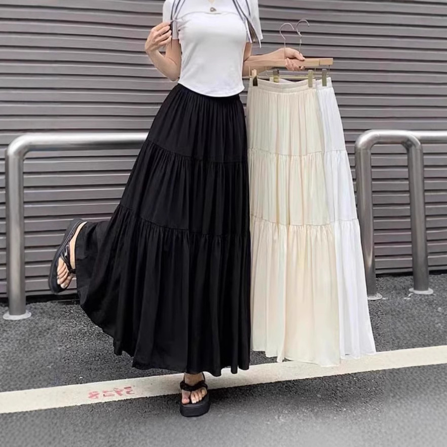 跨境显瘦修身休闲A字高腰半身裙女法式百搭纯色气质风褶皱长裙子详情3