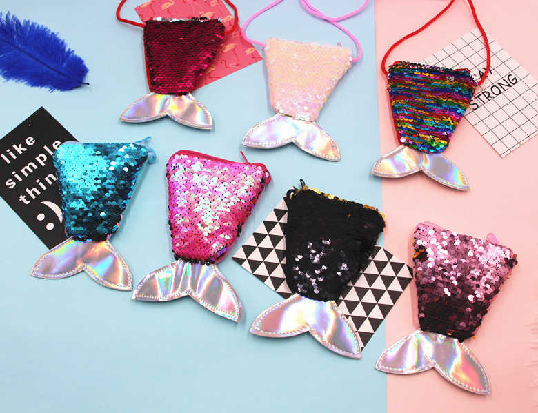 亮片美人鱼挂绳硬币包小钱包儿童斜跨小包鱼尾巴双色亮片零钱包女详情2