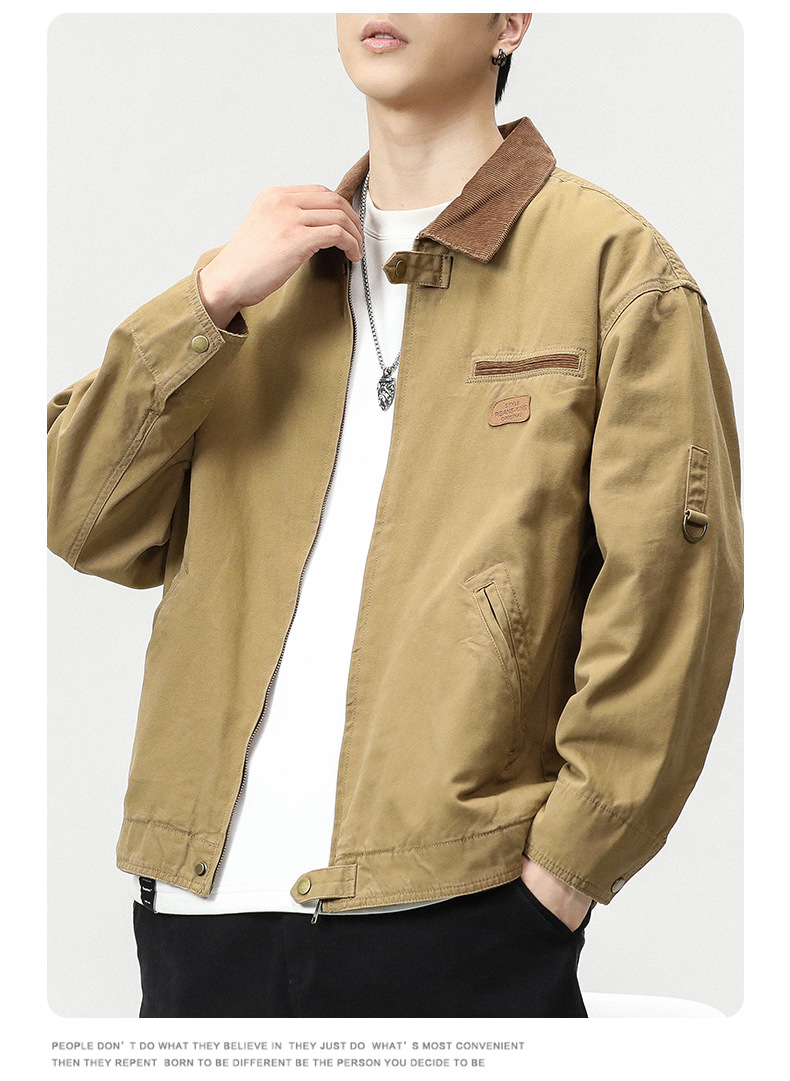 沐丘男装∣潮牌山系户外翻领宽松工装夹克男高级感珠帆布美式外套详情7