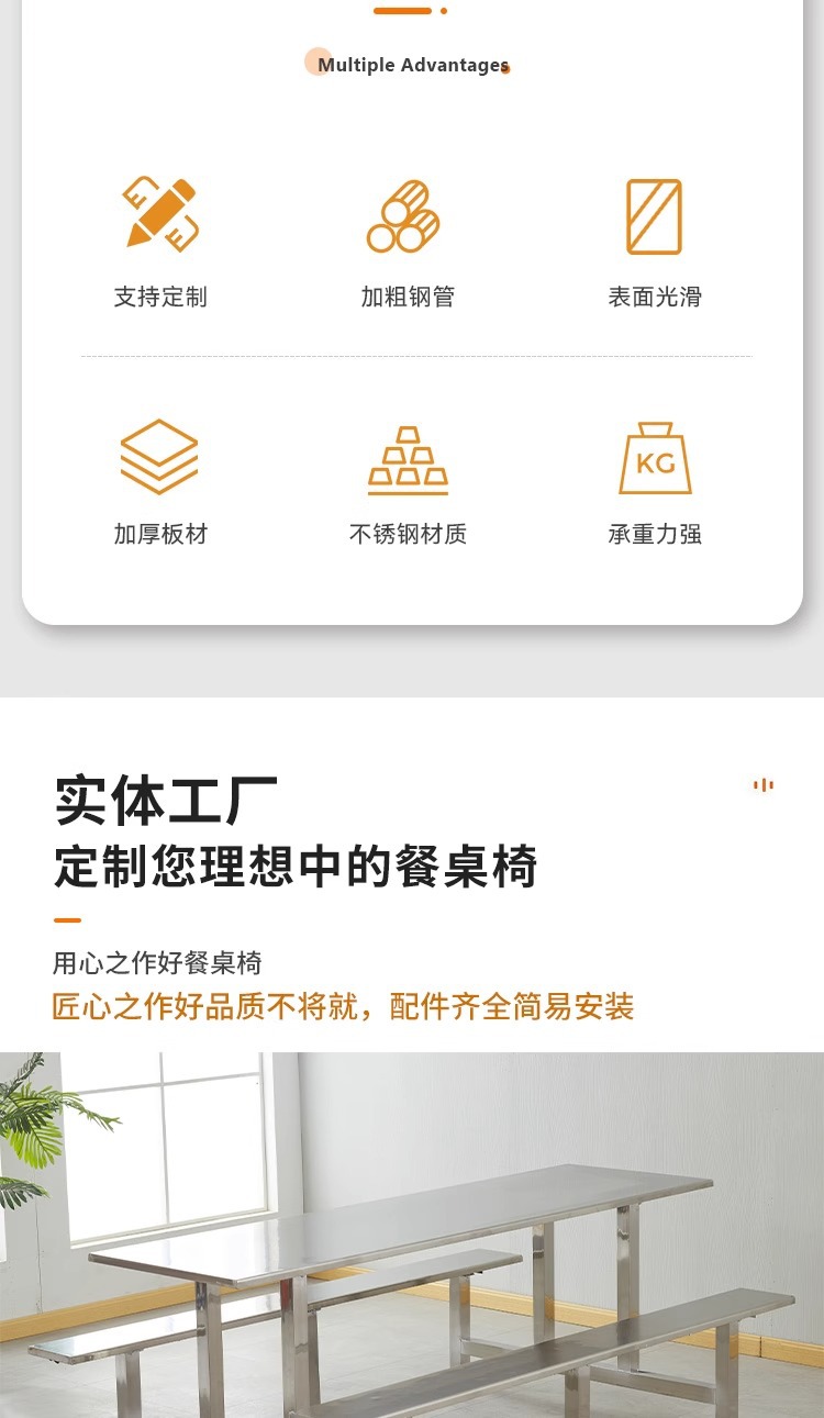 不锈钢餐桌员工餐厅连体桌椅饭堂快餐桌椅学校学生食堂餐桌椅组合 pic 2