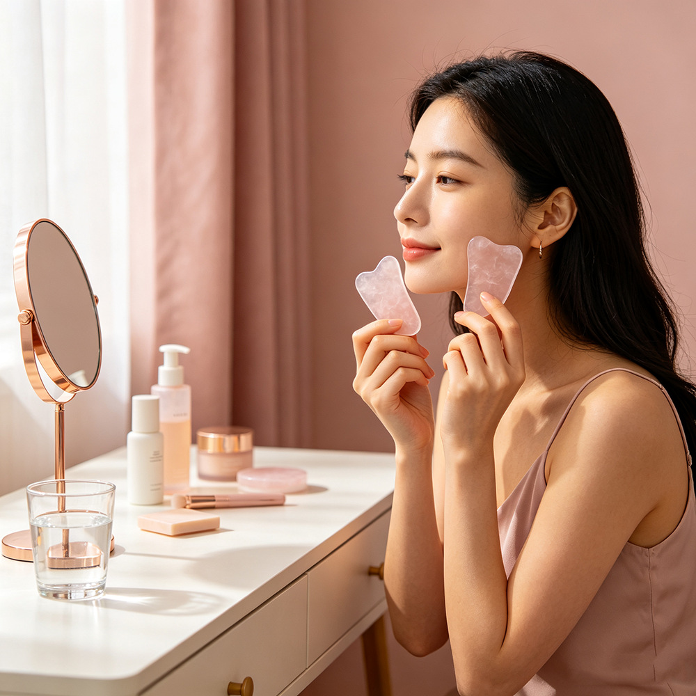 粉晶玉石刮痧板按摩器美妆护肤美容刮痧美容院SPA精油按摩板礼品详情3