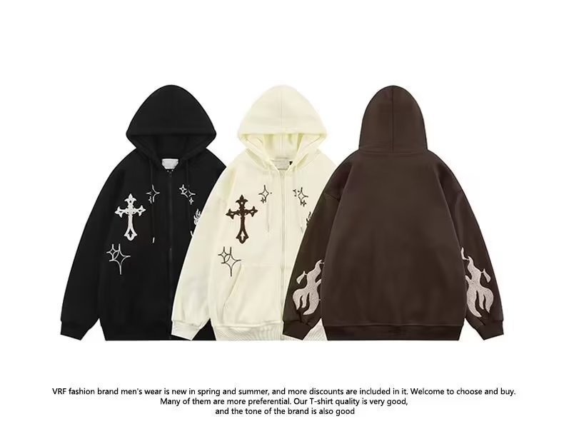 2023年跨境货源美式日系刺绣开衫连帽卫衣男宽松潮流百搭休闲外套详情1