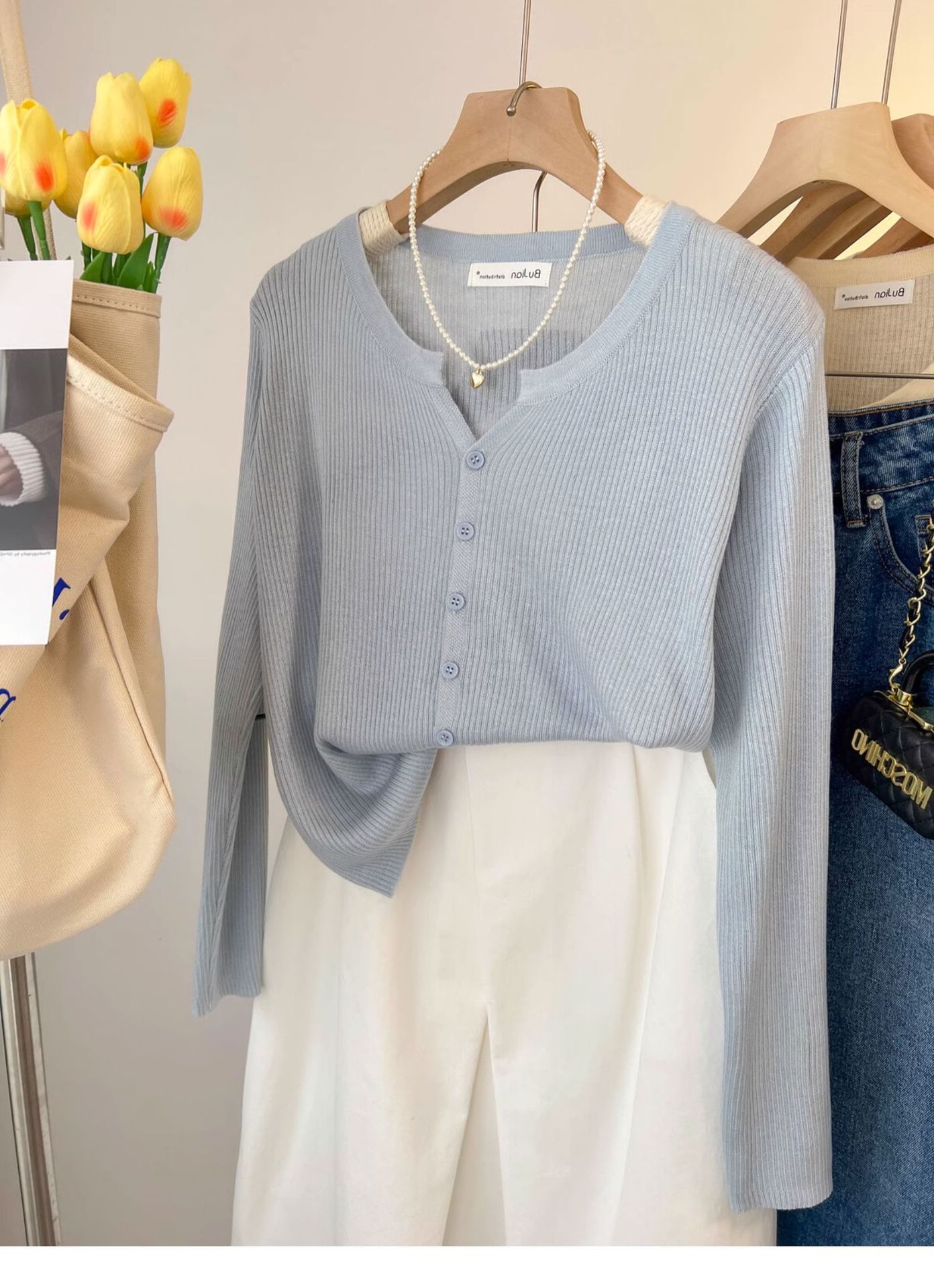 A short woolen cream-colored knitted coat for women, a long-sleeved cardigan for spring and autumn, and a chanel-style innerwear with a base layer pic 7