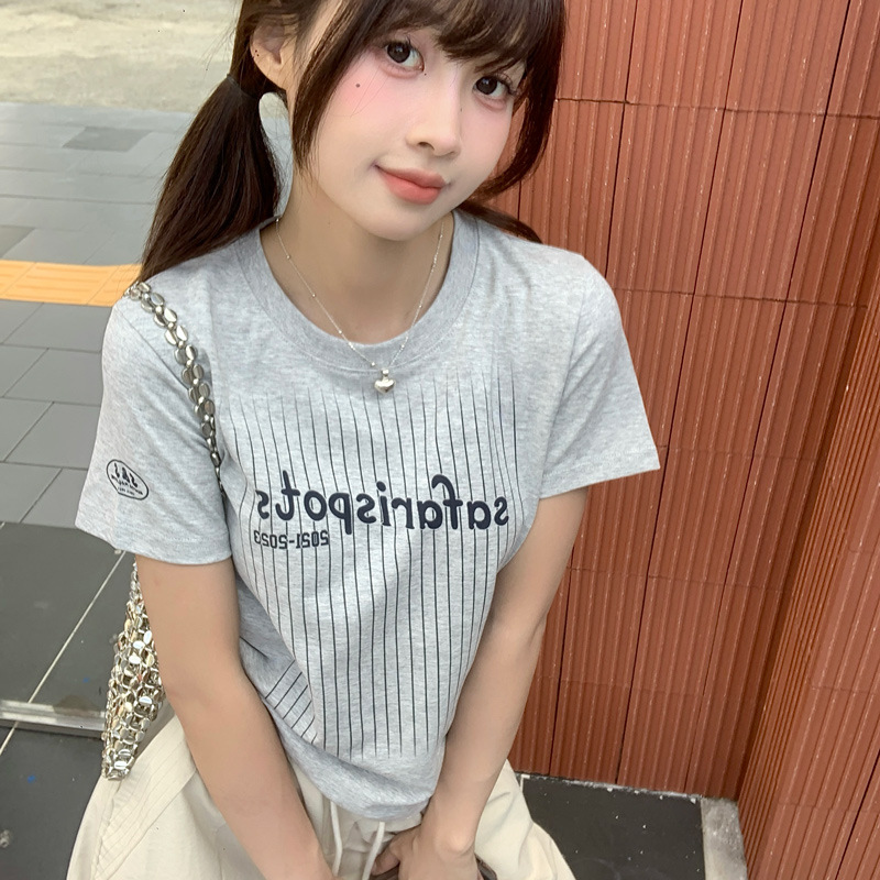 韩国小众潮流休闲运动风33号前后印花竖条字母显瘦正肩短袖T恤女详情7