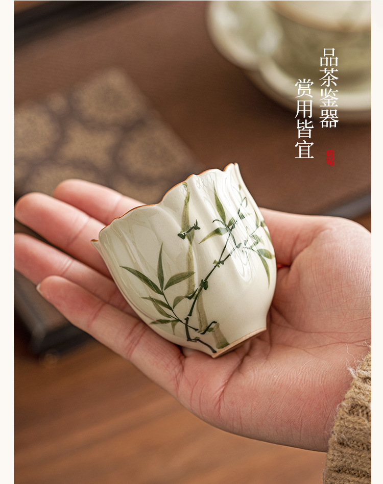 厂家翠绿文竹花型茶杯主人杯陶瓷功夫喝茶小杯子草木灰闻香品茗杯详情6