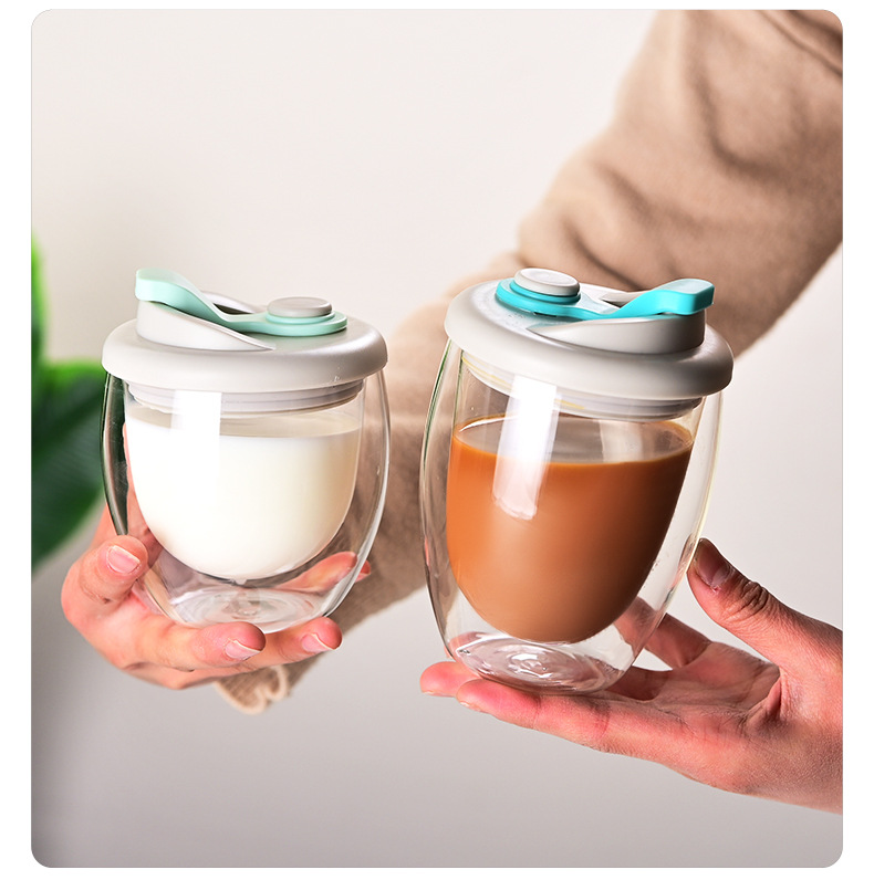 Double-layered glass cups with LIDS in stock for wholesale. Simple, high-temperature resistant, portable cups for direct drinking with LIDS and glass drinking cups pic 18