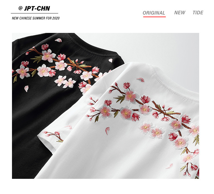 New Spring/Summer 2025 Guochao Chinese Trend brand loose plum blossom embroidered short-sleeved T-shirts for men and couples, summer half-sleeved pic 7