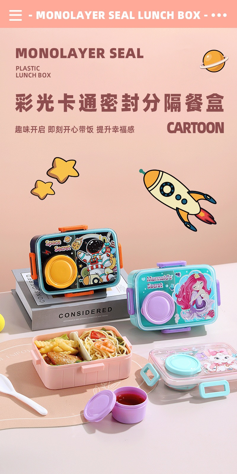 塑料饭盒卡通款学生儿童分格便当盒可微波炉加热午餐详情1