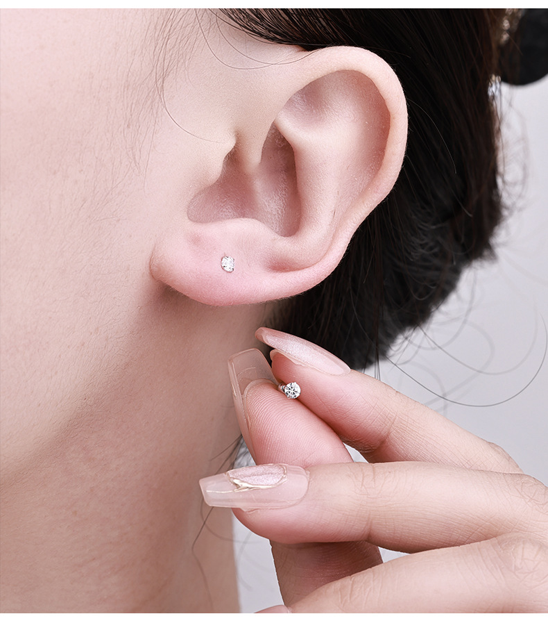 S925纯银耳钉男女四爪锆石钻石养耳洞双头螺丝拧扣耳骨钉S925耳饰详情3