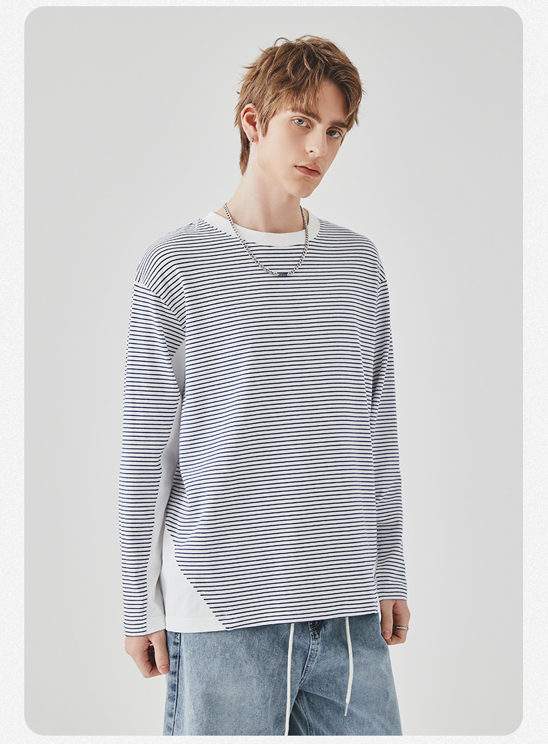 APO男装|撞色条纹长袖T恤男士春秋季潮牌宽松圆领内搭上衣打底衫详情17
