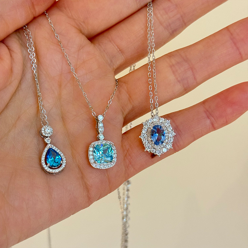 Blue necklace stud earrings collection, all-silver necklace, exquisite and elegant commuting collarbone chain, s925 silver versatile jewelry pic 9