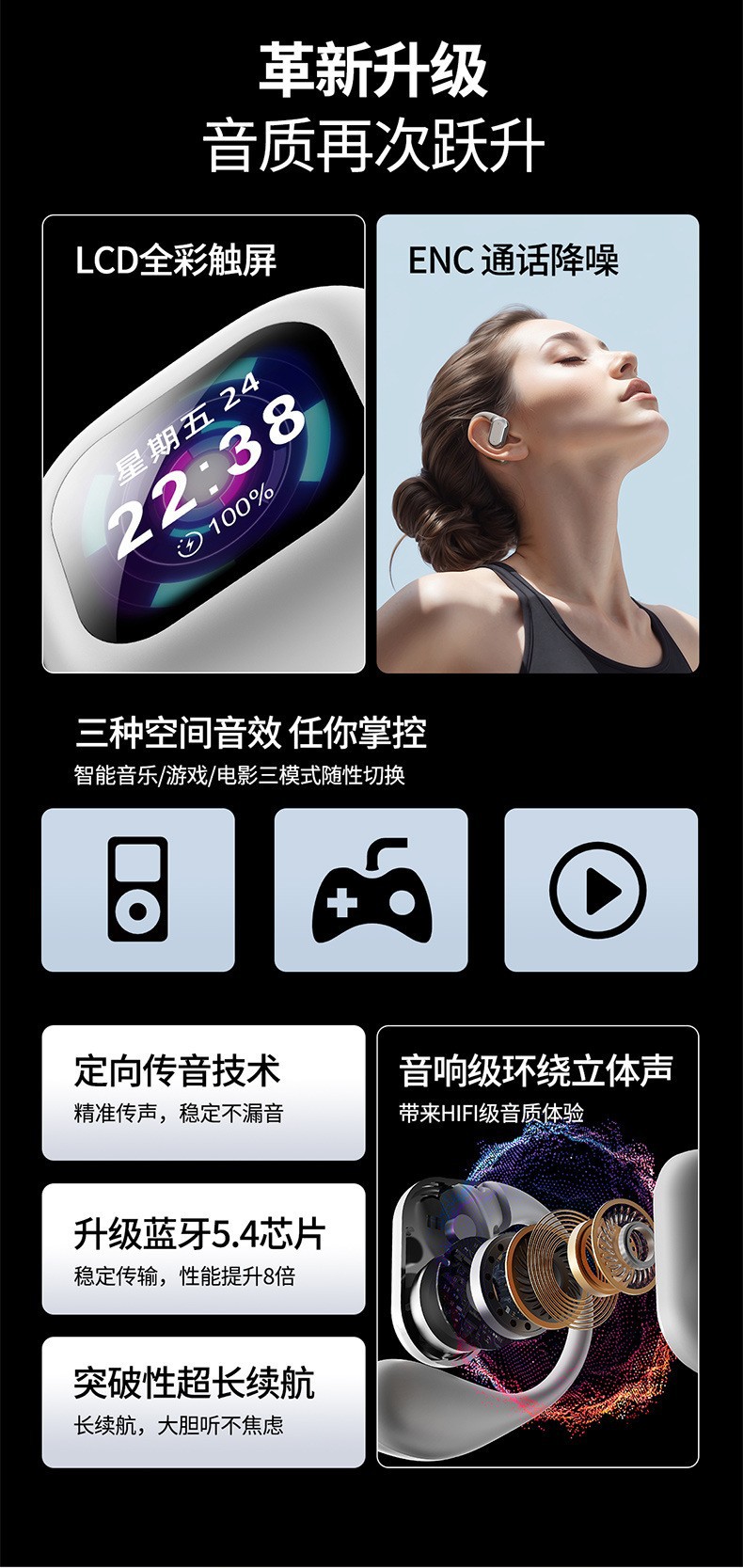 AI Intelligent Simultaneous Interpretation Q18 Bluetooth Headphones OWS over-ear multi-functional color screen Ultra-long battery Life Bluetooth headphones pic 2