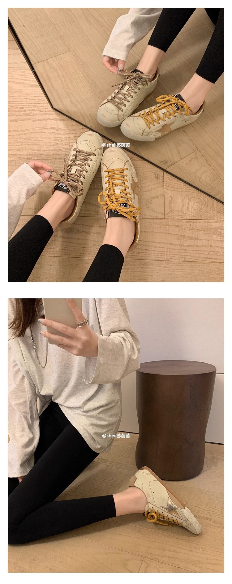 【苏茵茵】二代版~擦色小牛皮复古鸳鸯带板鞋女星星鞋厚底小脏鞋详情21
