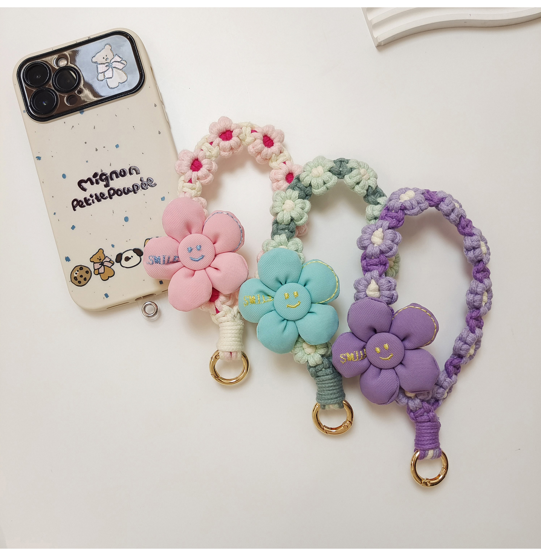 日韩可爱手工编织花朵钥匙扣手机挂件立体花花手腕挂绳手作礼品女详情5