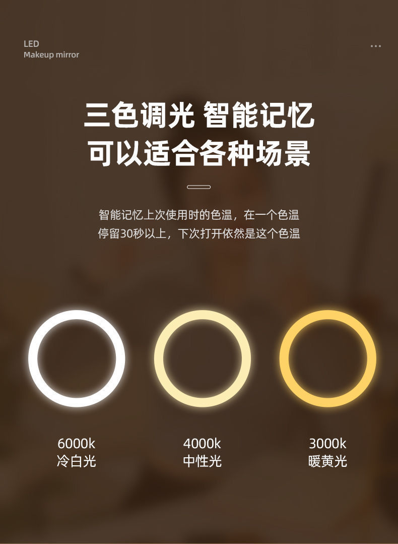 化妆镜带灯家用梳妆台镜子led镜子学生宿舍办公室台式桌面梳妆镜详情2