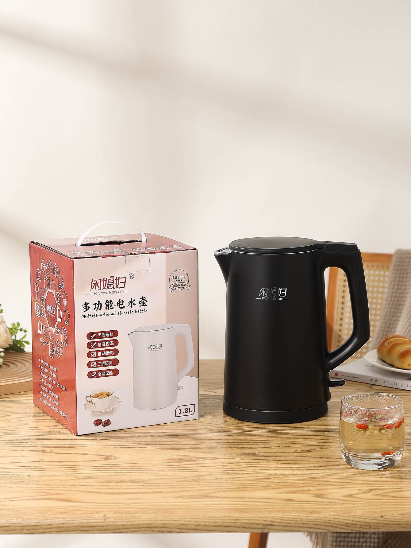 闲媳妇 1.8L烧水壶304不锈钢无缝内胆电热水壶自动断电煮水开水壶详情2