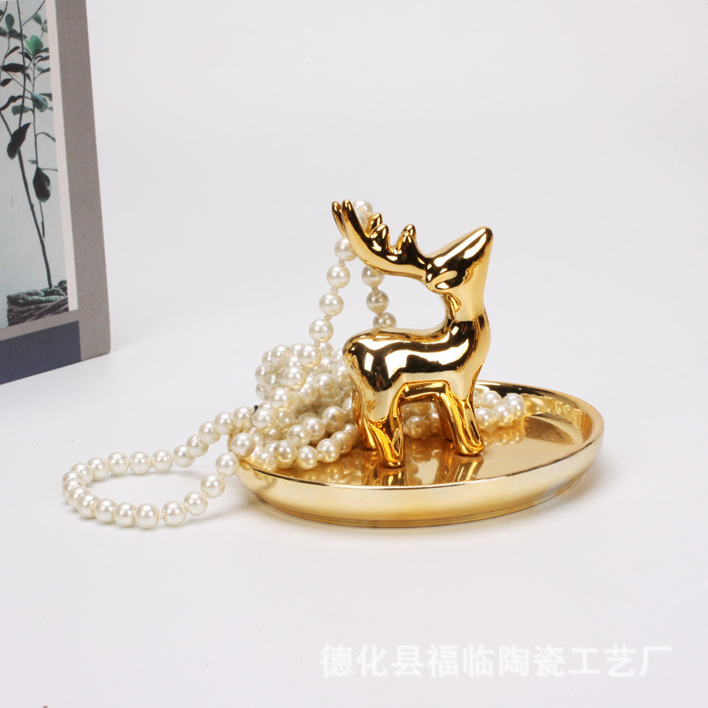 Nordic gold-plated ceramic handicrafts, gift jewelry plates, rings, watches, home storage plates, golden deer animal ornaments pic 50