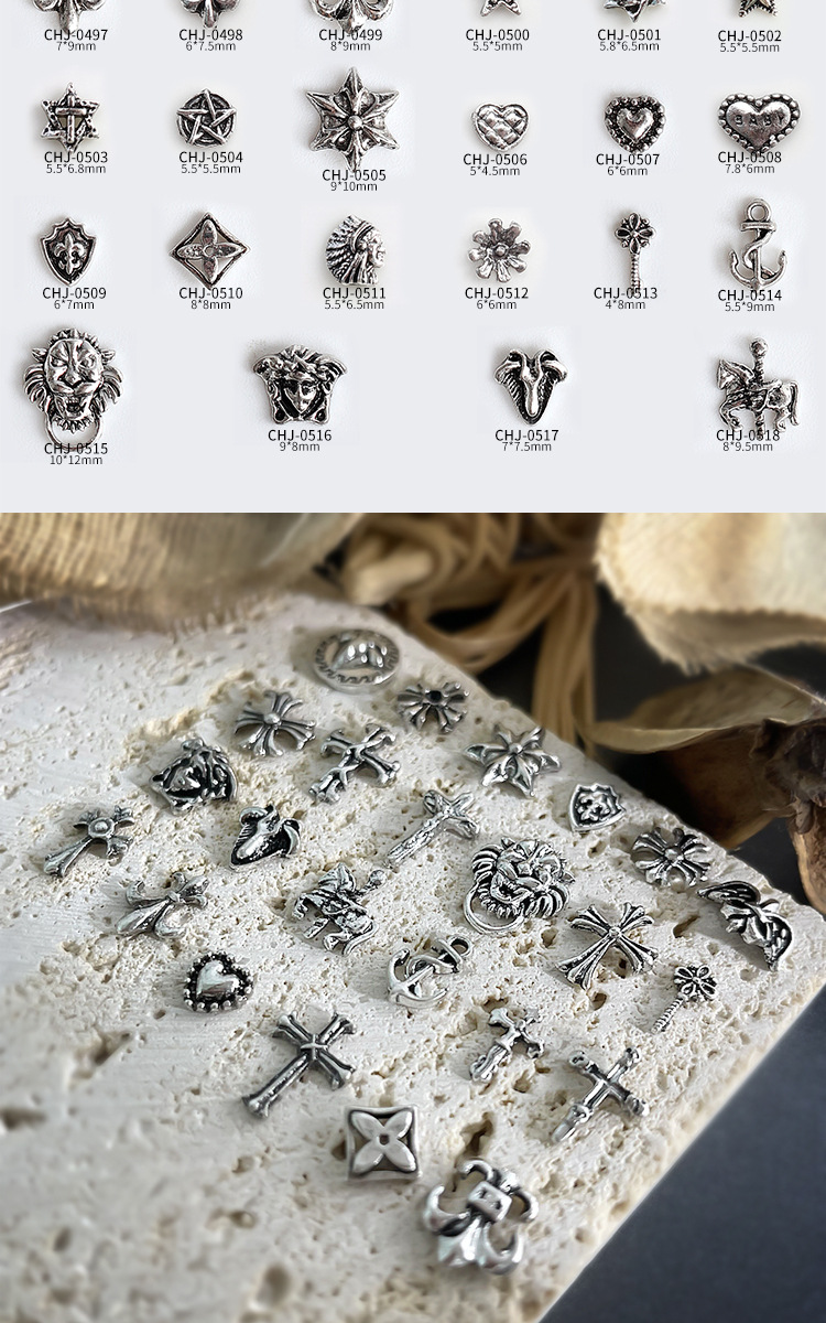 Factory direct sales of retro nail alloy jewelry, Crochet cross, lion head, heart, Pharaoh nail drill decoration pic 2