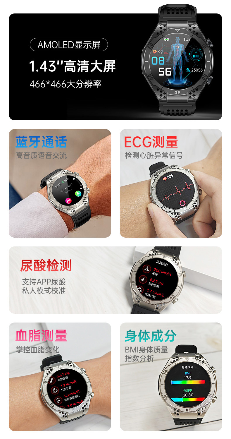 【AMOLED】智能手表测血糖无创尿酸血脂精准血压心电图多功能JA01详情2