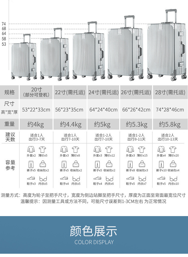 旅行箱行李箱女男学生拉杆箱万向轮密码皮箱子铝框20寸登机箱批发详情10