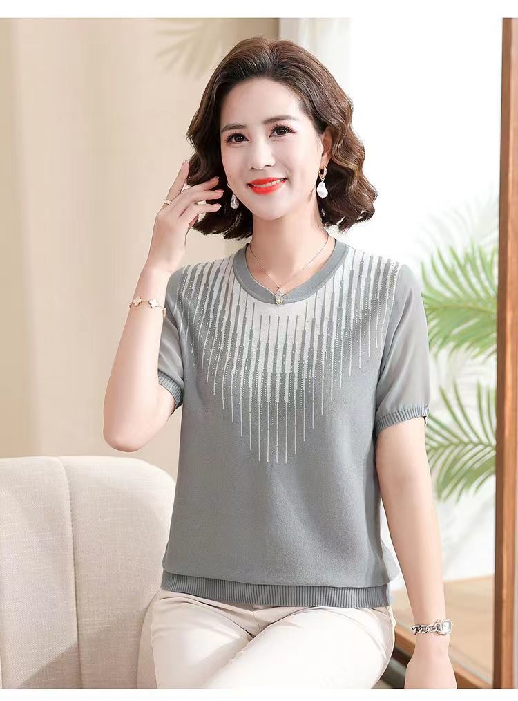 妈妈夏装短袖针织翻领T恤中老年女装冰丝上衣遮肚子薄款小衫套装详情28