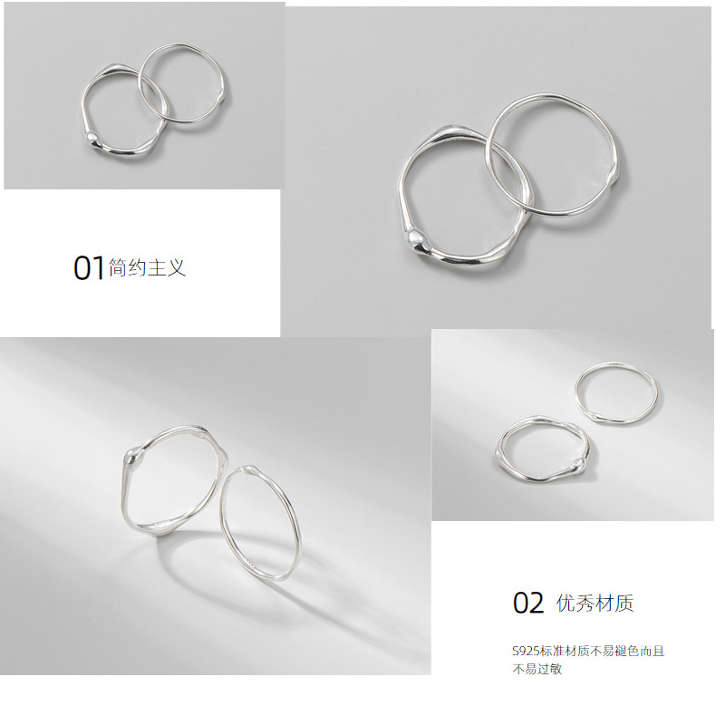 S925 pure silver handcrafted white silver irregular texture fine ring Liquid line finger joint ring overlapping band ring pic 16