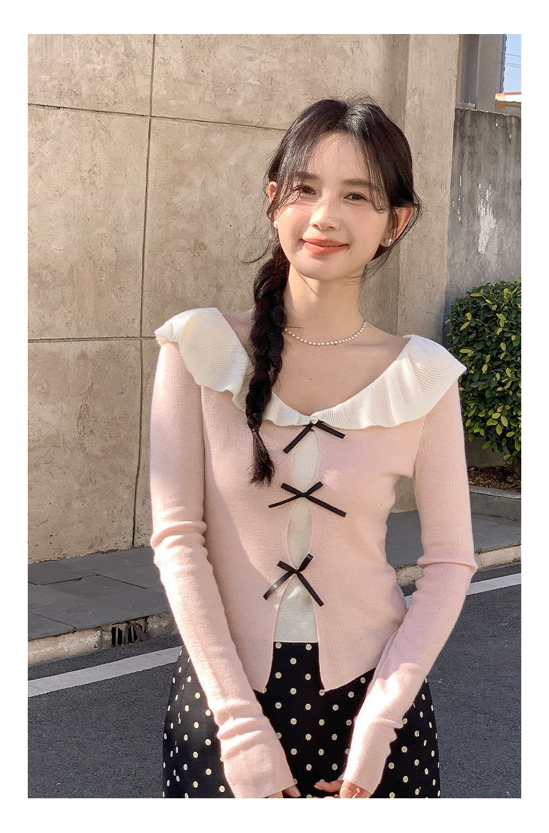 衣尔衫 设计感 假两件娃娃领蝴蝶结针织衫女短款温柔修身气质0337详情37