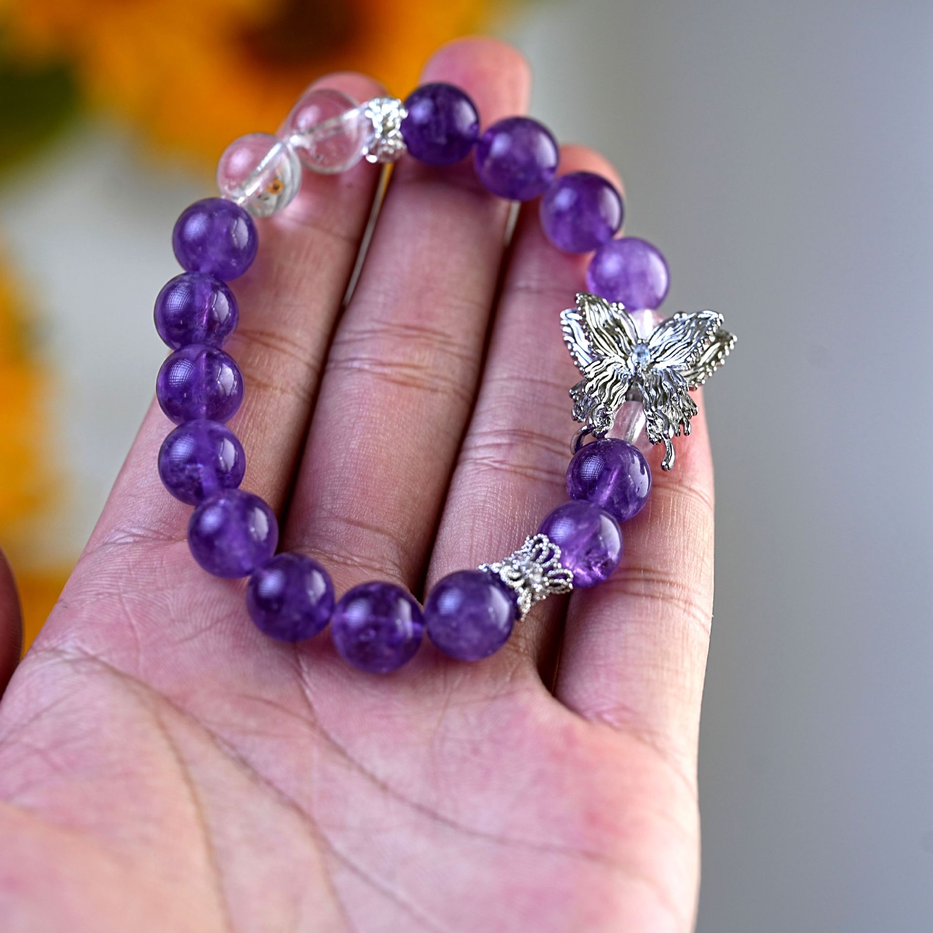 天然紫水晶蝴蝶手链串珠轻奢高级感时尚设计白水晶手串女饰品配饰详情2