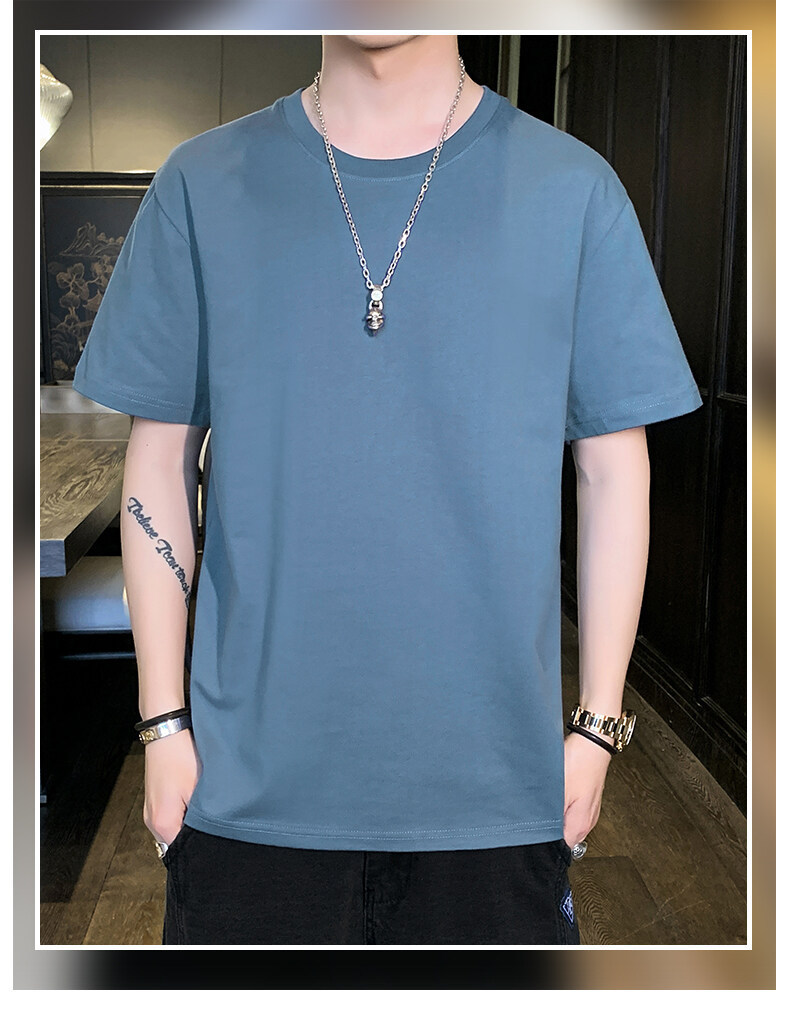 Pure cotton short-sleeved T-shirt for men, Hong Kong-style loose T-shirt, small drop shoulder, combed cotton, oversized, high-quality solid color base pic 23