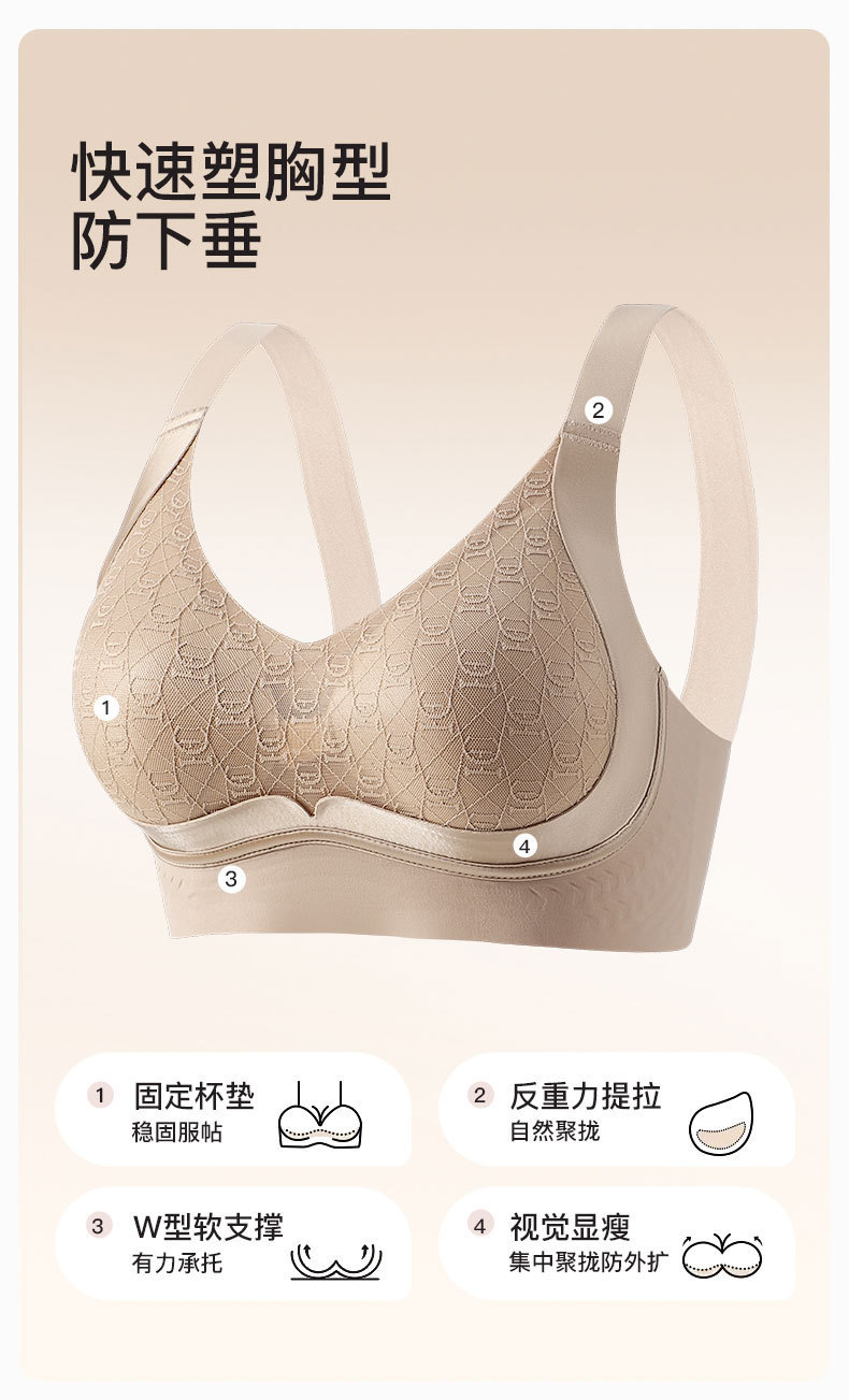 新款粉底液无痕提拉聚拢蕾丝内衣女大胸显小裸感舒适固定文胸罩详情5